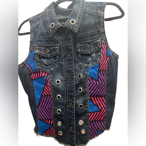 Jackets & Blazers - Denim Vest with Colorful Geometric Patterns denim and fabric